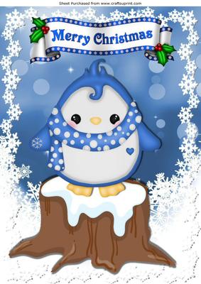 Cute Penguin in Spot Scarf, on a Snow Log A4