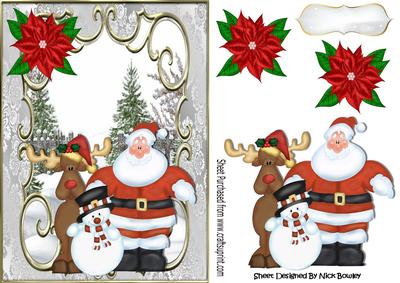 Santa and Friends in the Snow in Ornate Frame
