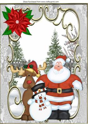 Santa and Friends in the Snow in Ornate Frame A4