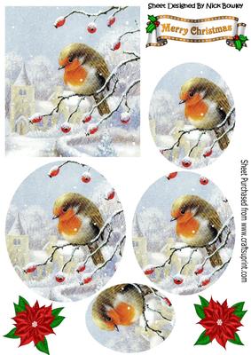 Pretty Robin on a Branch of Berries with Snow Oval Pyramids