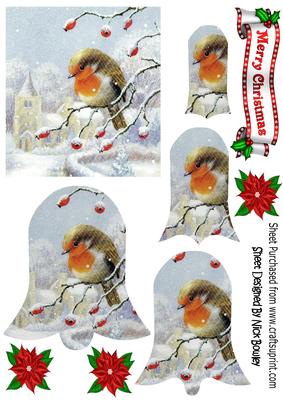 Pretty Robin on a Branch of Berries with Snow Bell Pyramids