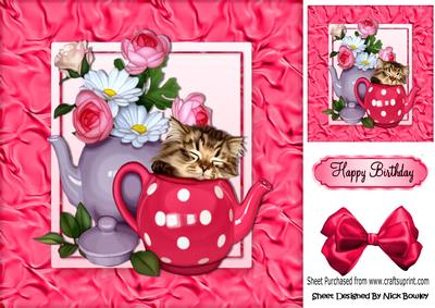 Sleepy Kitty in Teapot and Roses with Bow 8x8
