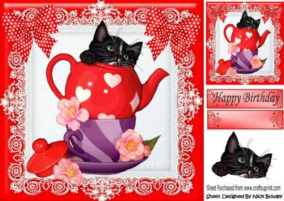 Little Black Kitten in Teapot with Polkadot Bows 8x8