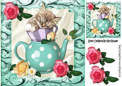 Sleepy Kitty in Polkadot Teacup and Roses 8x8