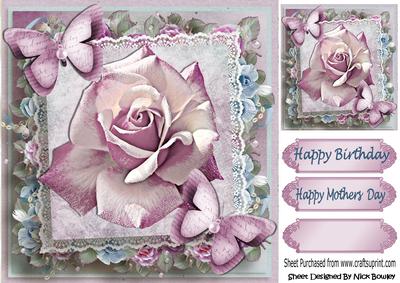 Pink Sparkle Rose on Lace with Paper Butterflies 8x8