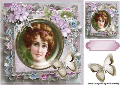 Pretty Vintage Lady with Lace, Flowers and Butterfly 8x8