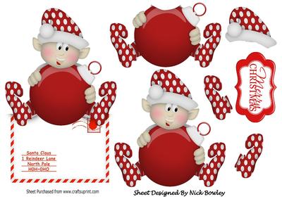 Little Red Elf Holding a Bauble on Envelope Over the Edge