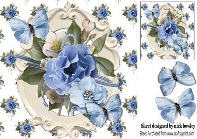 Pretty Blue Flowers and Butterflies 8x8