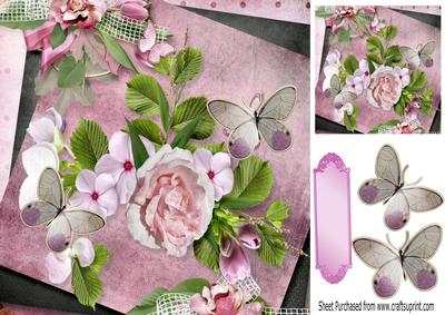 Bows and Lace with Pink Flowers and Butterflies 8x8