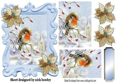 Lovely Robin in the Snow Village Ornate Frame with Berries
