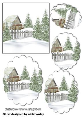 Lovely Snow Scene with Cottage Scalloped Pyramids