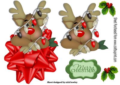 Cute Reindeer with Parcel Bow Over the Edge