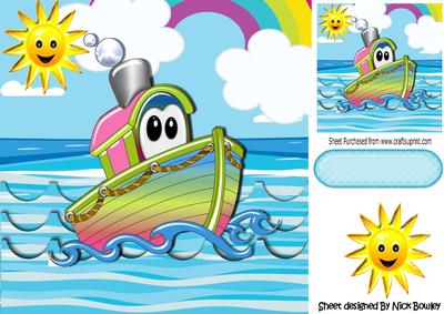 Little Toonie Tugboat Out in the Sea with Rainbow 8x8