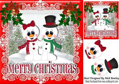 Mr & Mrs Snowman in Snow Scene with Tree 8x8