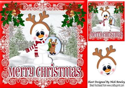 Snowman with Bauble and Bells in the Snow 8x8