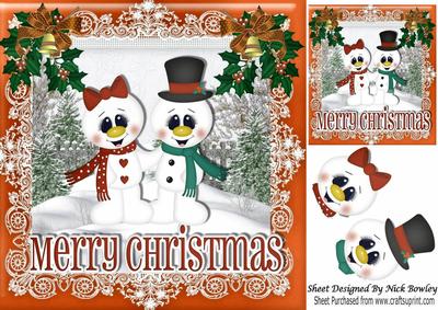 Mr & Mrs Snowman in Snow Scene with Tree Gold Frame 8x8
