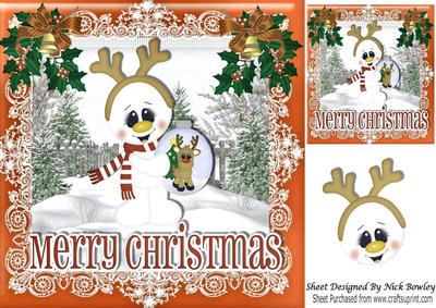 Snowman with Bauble and Bells in the Snow Gold Frame 8x8