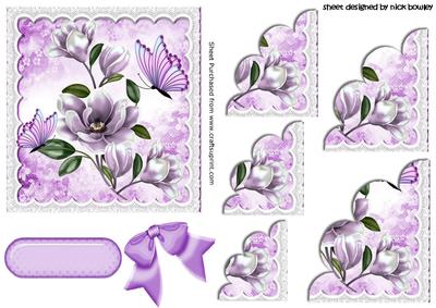 Pretty Lilac Magnolias, Butterflies and Lace Side Scalloped