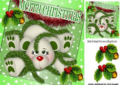 Teddy Tangled with Red and Green Tinsel & Holly 8x8