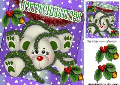 Polar Bear Tangled in Red and Purple Tinsel with Holly 8x8