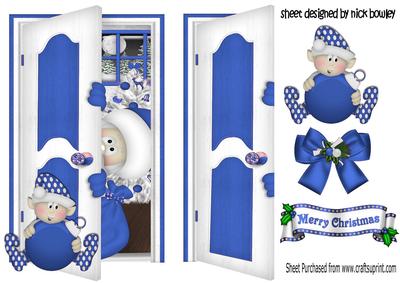 Peekaboo Santa Behind the Door, with Elf in Blue