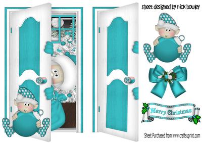 Peekaboo Santa Behind the Door, with Elf in Turq