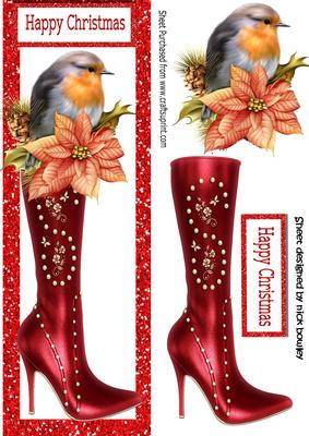 Pretty Robin with Poinsettias in High Heeled Boot Dl