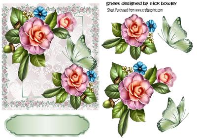 Pretty Pink Floaral and Lace in Flower Frame with Butterflie