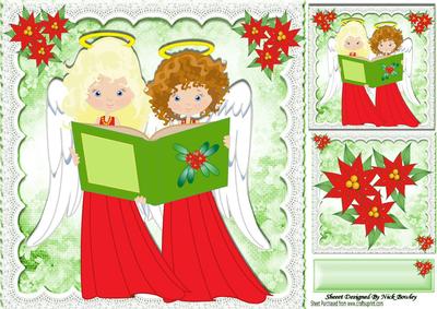 Singing Angels with Poinsettias on Lace 8x8