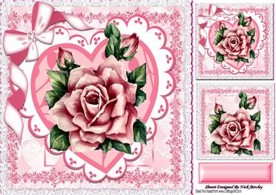 Pink Vintage Rose on Heart and Lace 8x8