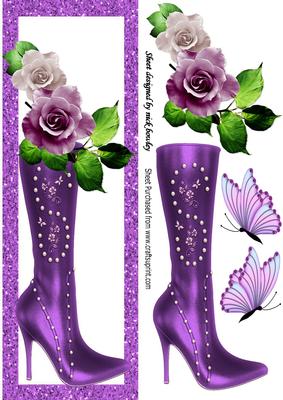 Pretty Cream/lilac Roses on High Heeled Boot Dl