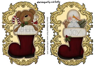 Wooden Teddy and Snowman Stocking on Antique Frame