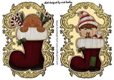 Wooden Elf and Gingerbread Stocking on Antique Frame