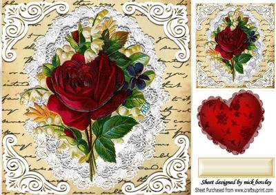 A Beautiful Red Rose on Lace & Script with Heart 8x8