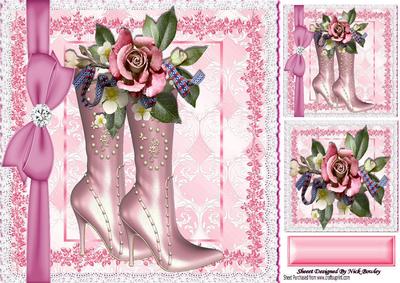 Pretty Pink Boots with Roses on Lace with Bow 8x8