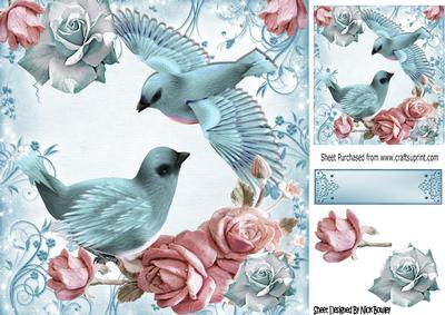 Pretty Blue Birds with Sparkle Roses and Pink 8x8