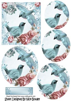 Pretty Blue Birds with Sparkle Roses and Pink Oval Pyramids