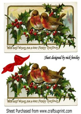 Beautiful Vintage Robins on a Branch of Snow & Holly