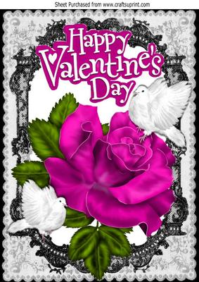 My Valentine, Cerise Rose, and White Doves, Black Lace A4