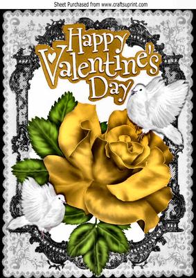 My Valentine, Gold Rose, and White Doves, Black Lace A4