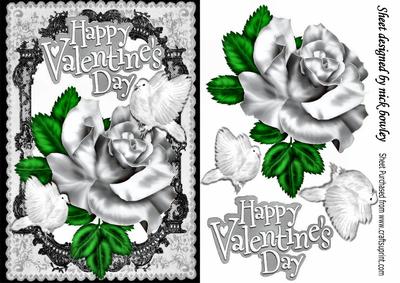 My Valentine, Silver Rose and White Doves Black Lace Frame