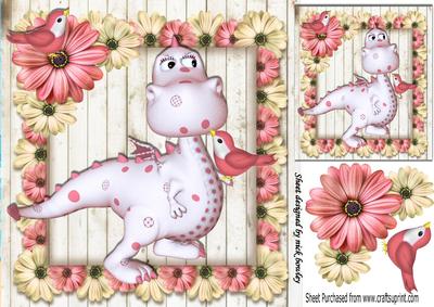 Little Dino with Birds and Pink Flowers 8x8