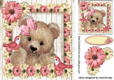Gorgeous Little Fuzzy Bear with Birds and Pink Flowers 8x8