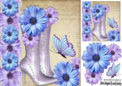 Pretty Lilac and Blue Boots with Flowers and Butterflies 8x8