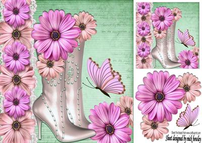 Pretty Pink and Peach Flowers with Boots and Butterflies 8x8