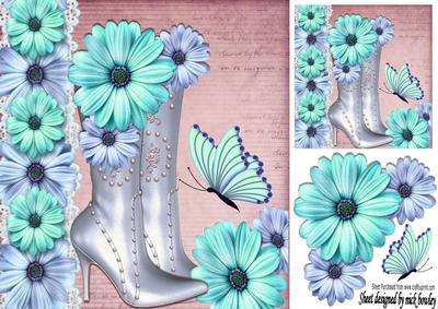 Pretty Blue and Turq Flowers with Boots and Butterflies 8x8