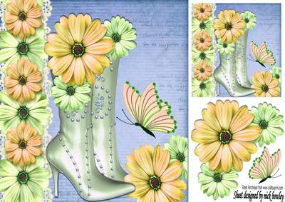 Pretty Green & Peach Boots with Flowers and Butterflies 8x8