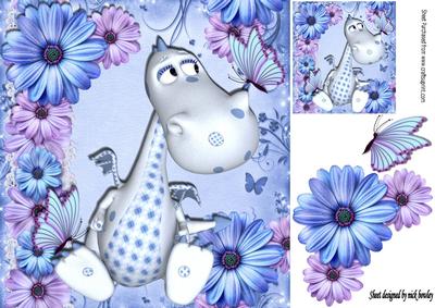Cute Little Blue Dino with Lilac/blue Flowers & Butterflies