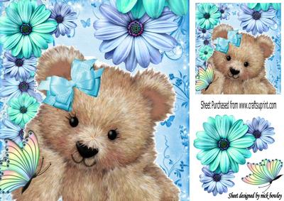 Cute Fuzzy Bear with Turq/blue Flowers and Butterflies 8x8