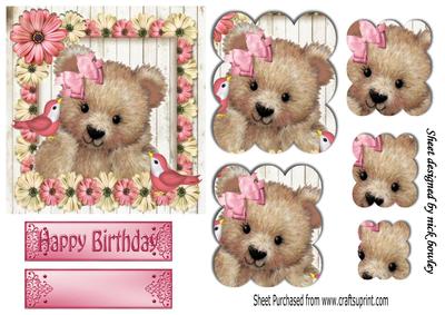 Cute Fuzzy Bear with Pink Flowers Scalloped Pyramids
